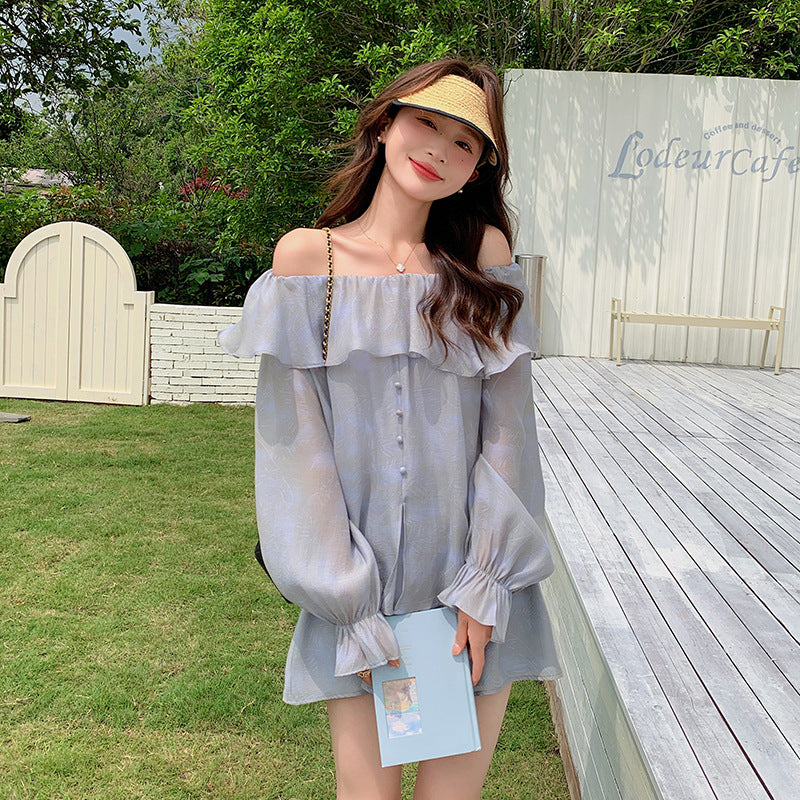 ANTMVS Off-the-Shoulder Two-Piece Collar Ruffled Long Sleeve Shirt Wide Leg Shorts Two-Piece Set Fairy Temperamental Sun-Proof Set Women