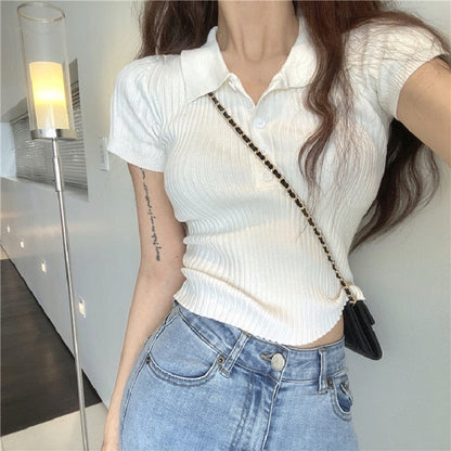 Antmvs -  Women's Plain Buttons Collared Tee, Elegant Casual Short Sleeve T-shirt for Summer, Ladies Clothes for Daily Wear