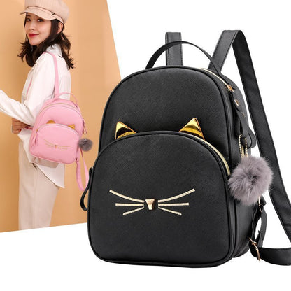 Cartoon Cat Backpack New Fashion Japanese and Korean Pu Simple Cute Casual Women's Bag Fashion Fur Ball Backpack