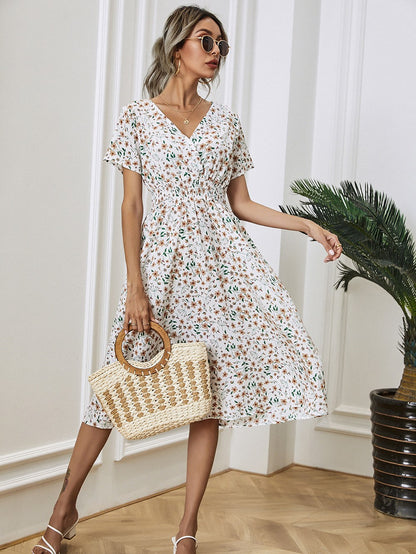 ANTMVS  Cross-Border Foreign Trade Women's Clothing 2022 Summer New European and American Station Small Floral Print Short Sleeve Dress