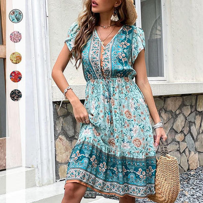 ANTMVS  Independent Station Cross-Border Foreign Trade New European and American Retro Women's V-neck Printed Green Dress Summer