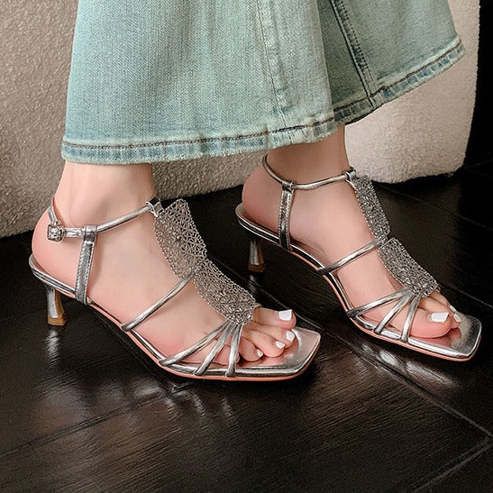 ANTMVS  Style Retro Stiletto Heel Sandals  Spring/Summer Square Toe Open Toe Bright Leather Buckle Fashion High Heel Women's Sandals Wholesale