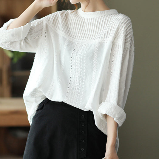 ANTMVS Japanese Style Artistic Organ Pleated Sweet Lace Hollow Long Sleeve Shirt Women Solid Color Loose Pullover Top Factory