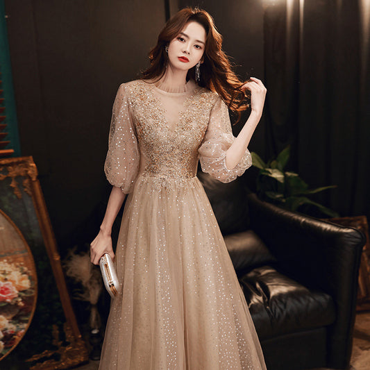 2025 Champagne annual meeting evening dress women  new banquet temperament bridesmaids student performance long dress