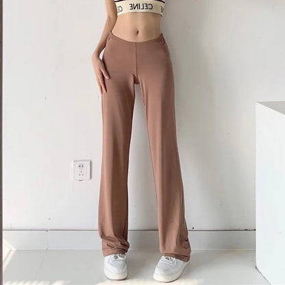 Antmvs HOTan and NEWn Style Sexy Low Waist Casual Fitness Sports Straight Pants Stretch Slim Solid Color Wide Leg Trousers Mop Pants Women