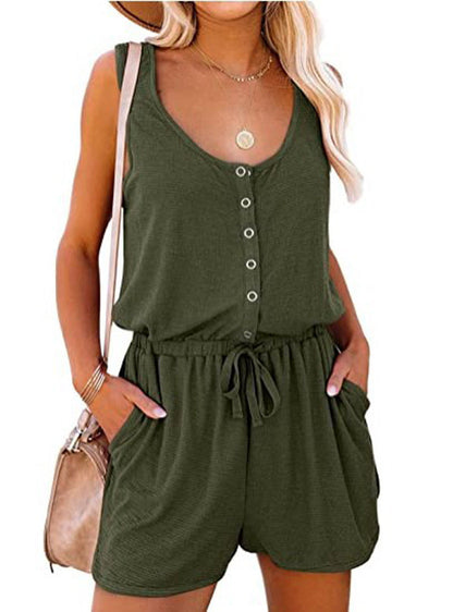 Antmvs -  Fisoew Women's Summer Scoop Neck Sleeveless Button Down Tank Top Rompers Elastic Waist Shorts Outfits with Pockets