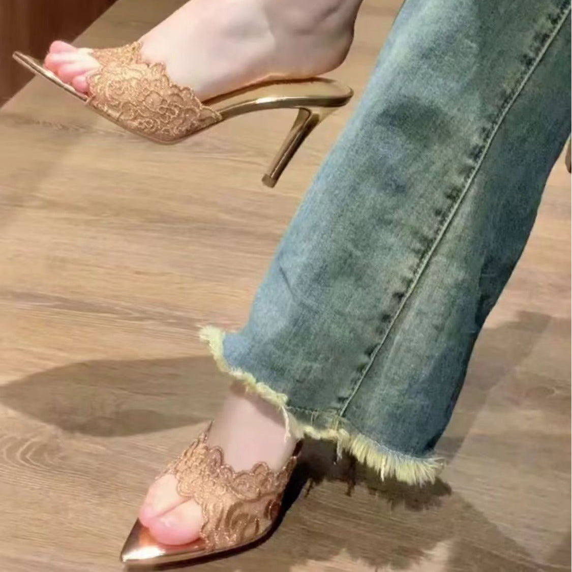 ANTMVS  New Internet Celebrity High Heel Slippers Women's Stiletto Heel Banquet Slippers Sexy Comfortable Champagne Gold Embroidered Shoes One Piece Dropshipping