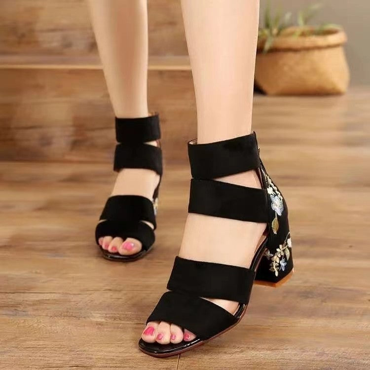 ANTMVS  Roman Shoes Women's Summer Wear European and American Embroidery Open Toe Thick High Heel Sandals plus Size Fashion Sandals Wholesale