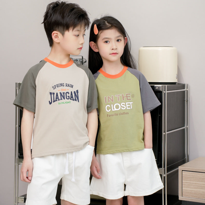 ANTMVS Children's Short Sleeve  Summer New Boys and Girls Color Matching T-shirt Medium and Big Children's Letter Raglan Sleeve Cotton T Undershirt Wholesale