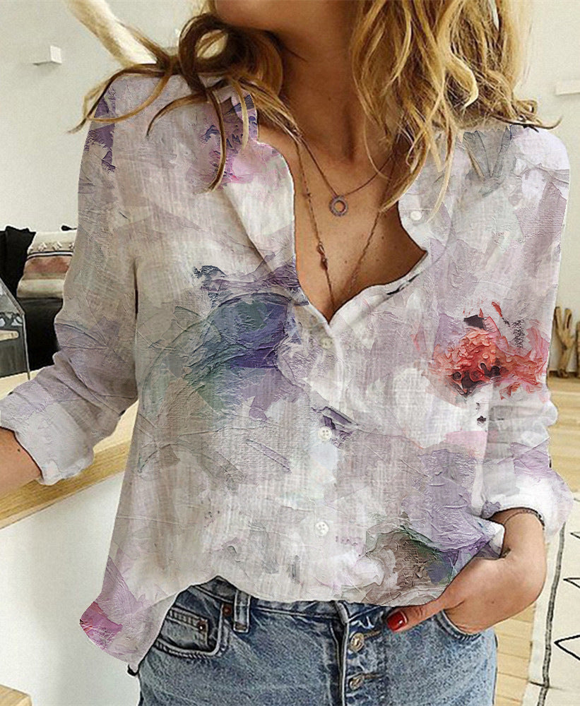 ANTMVS Spring and Summer New Fashion Printed  Linen Cotton Washed Long Sleeve Refreshing Shirt for Women