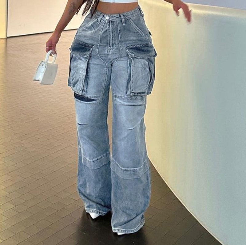 2025 Summer New High Waist Zipper Split Stitching Multi-Pocket Straight Loose Street Fashionable Denim Trousers Women