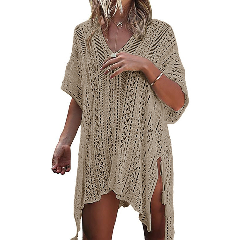 Antmvs -  Women's Hollow Out Asymmetrical Split Hem Crochet Cover Up, Boho V Neck Batwing Sleeve Lace Up Fringe Decor Cover Up, Summer Clothes for Beach Vacation