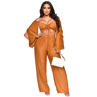 ANTMVSC6340   2025 fashion women's clothing solid color crumpled long-sleeved trousers two-piece set women