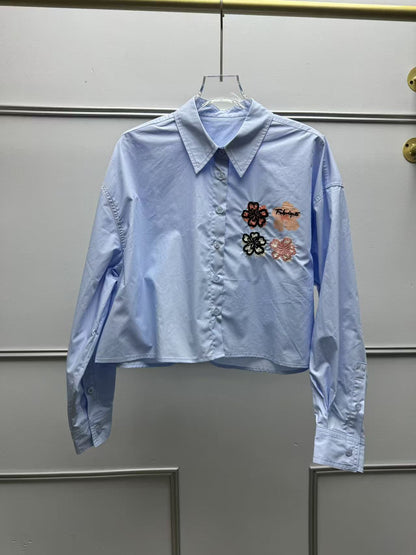 2025 niche women's clothing new blue flower embroidered lapel shirt loose casual long-sleeved cotton top