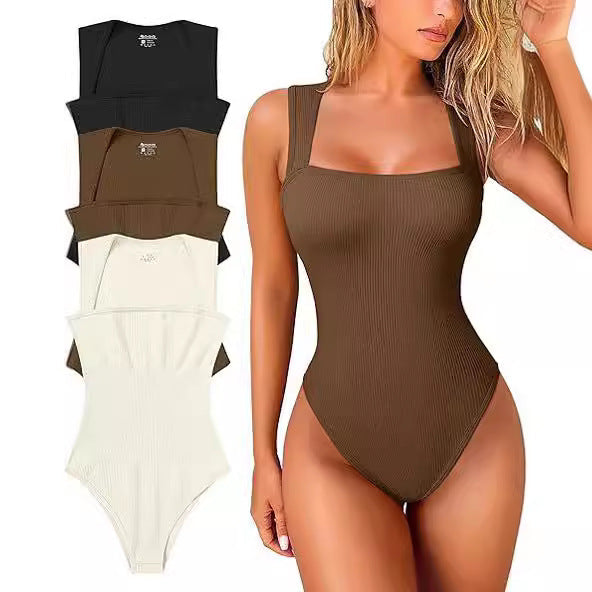 Antmvs -  Women's 3 Piece Basic Bodysuits Sexy Ribbed Strappy Square Neck Sleeveless Bodysuits