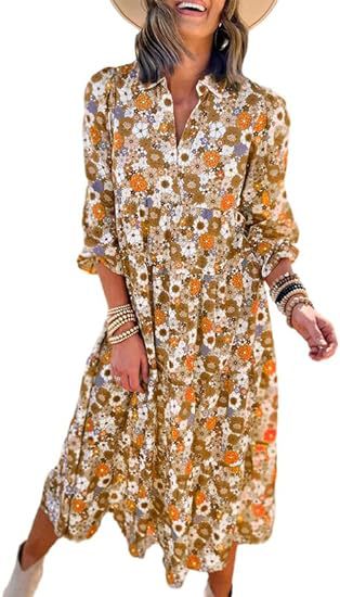 ANTMVS New Casual Loose Long Sleeve V-neck Women's Bohemian Floral Flowy A- line Dress