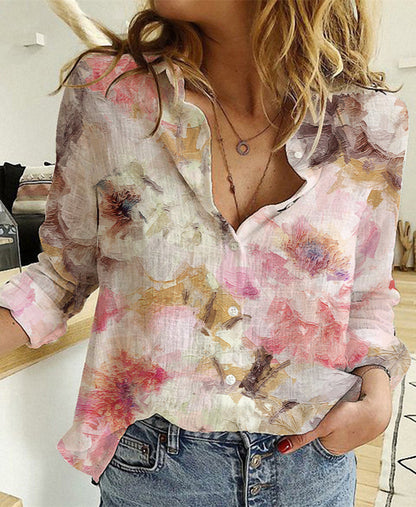 ANTMVS Spring and Summer New Fashion Printed  Linen Cotton Washed Long Sleeve Refreshing Shirt for Women