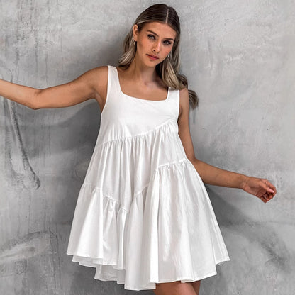 2025 spring and summer new white polyester-cotton pullover square collar dress fashionable New wholesale vacation short skirt women