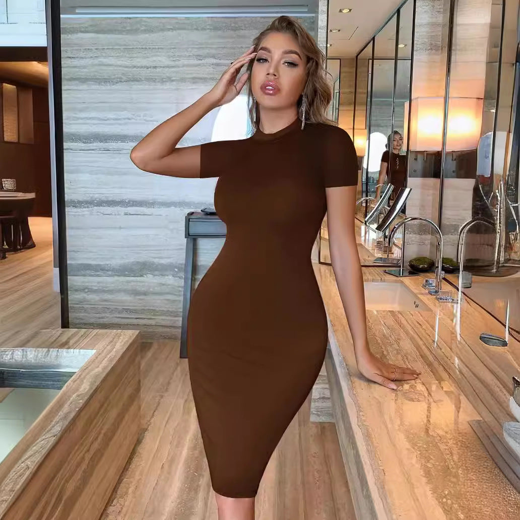 ANTMVS  European and American Summer Solid Color Stand Collar Halter Short Sleeve Long Dress Knitted Mid Waist Air Sheath Dress Women