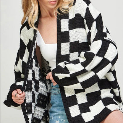 Antmvs -  Women's Checkerboard Pattern Drop Shoulder Cardigan, Casual Long Sleeve Open Front Knitwear for Summer, Fashion Ladies' Knit Clothing for Daily Wear