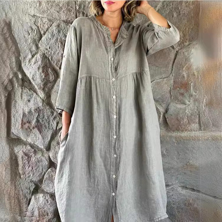 ANTMVS Cross-Border Women's Clothing   New Cotton and Linen European and American Solid Color Casual Button Length Dress Wholesale