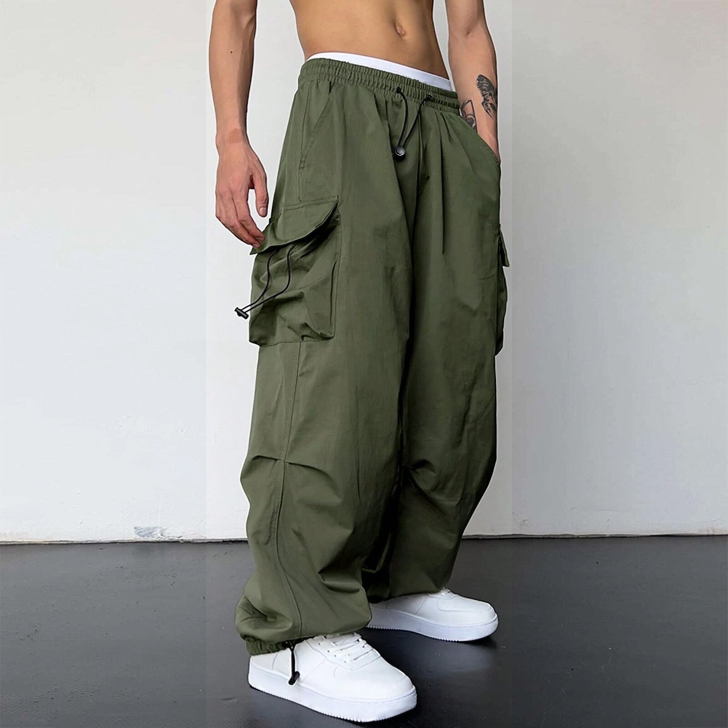 ANTMVS Nylon Quick-Drying Overalls Men's Summer New American Parachute Pants High Waist Wide Leg Leisure Drawstring