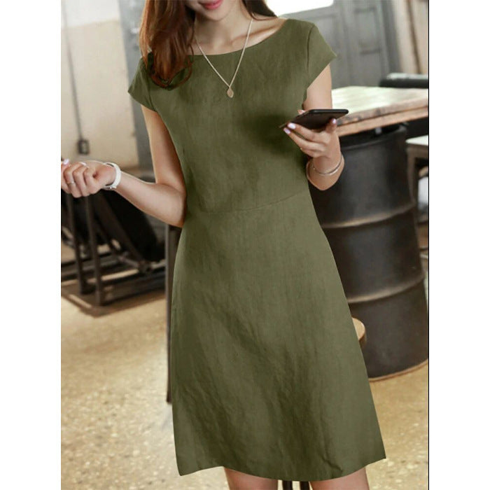 ANTMVS  Spring  Independent Station  Cross-Border Foreign Trade Back Large V Zipped round Neck Solid Color Short Sleeve Dress