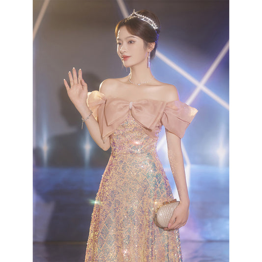 2025 One-word shoulder evening dress banquet  new light luxury niche pink long catwalk celebrity birthday party dress