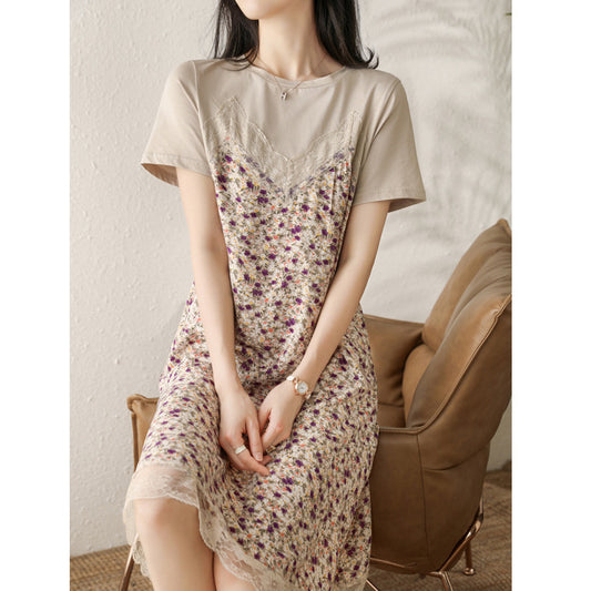 2025 Textured floral fake two-piece dress, lace splicing skirt  summer women's clothing, medium and long suspender skirt