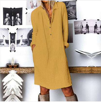 ANTMVS Wish New Spring, Summer, Autumn European and American Women's Clothing  EBay Women's Solid Color Cotton Linen Long Sleeve Dress