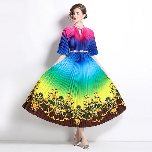 Light luxury retro temperament round neck short sleeve printed pleated dress women's lace-up waist temperament big pendulum elegant long dress