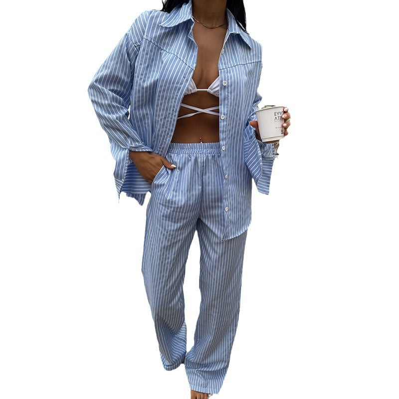 Antmvs -  European and American Style Casual Loose Shirt and Trousers Suit for Women 2024 Summer New Striped Fashion Two-piece Suit Cross-border