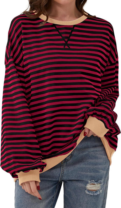 Antmvs -  Fisoew Womens Striped Oversized Sweatshirt Color Block Crew Neck Long Sleeve Shirt Casual Loose Pullover Top Y2K Clothes