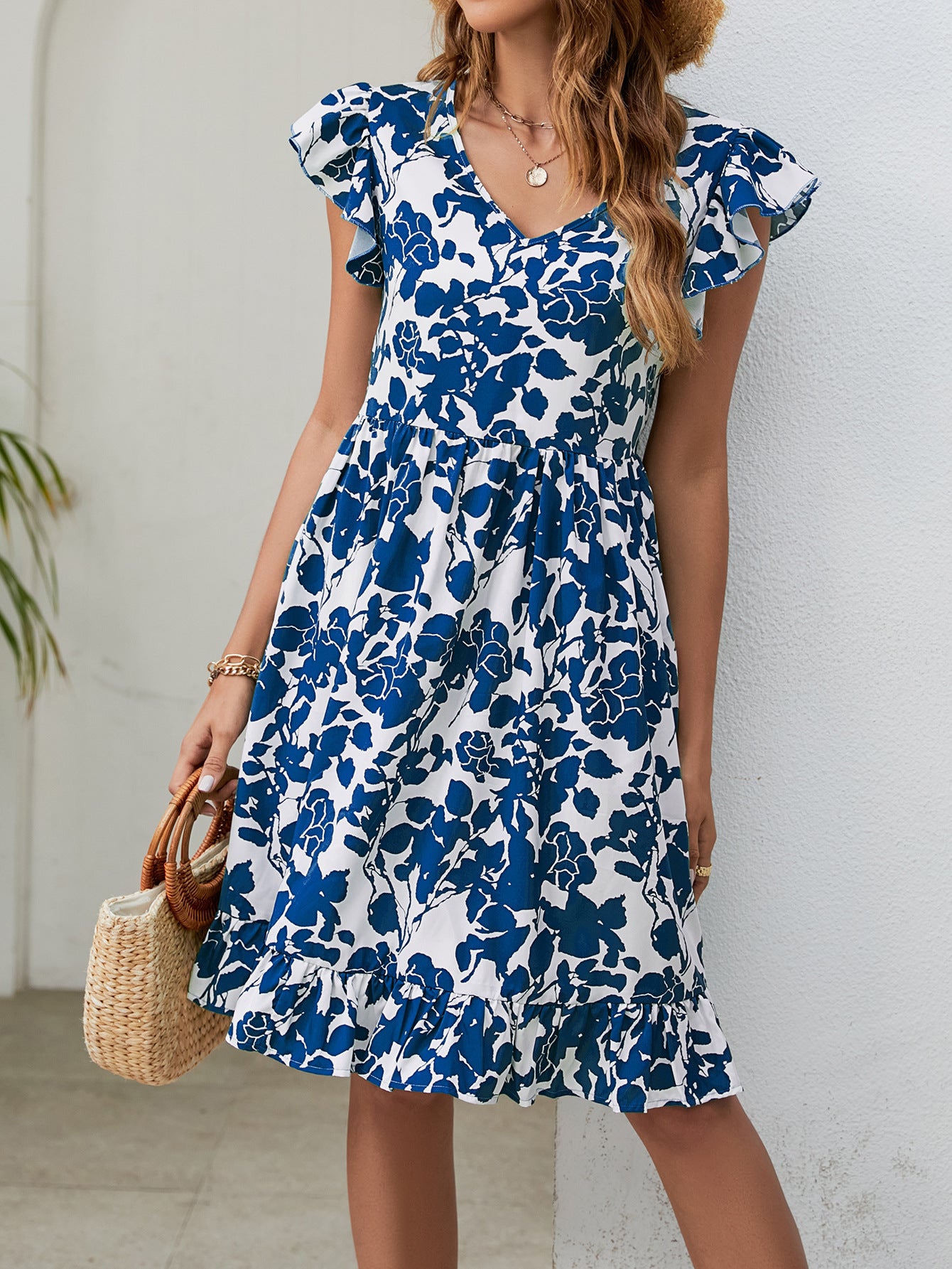 ANTMVS Summer New Popular Leaf Printed Dress V-neck Ruffled Sleeve Leisure Holiday Dress Dress