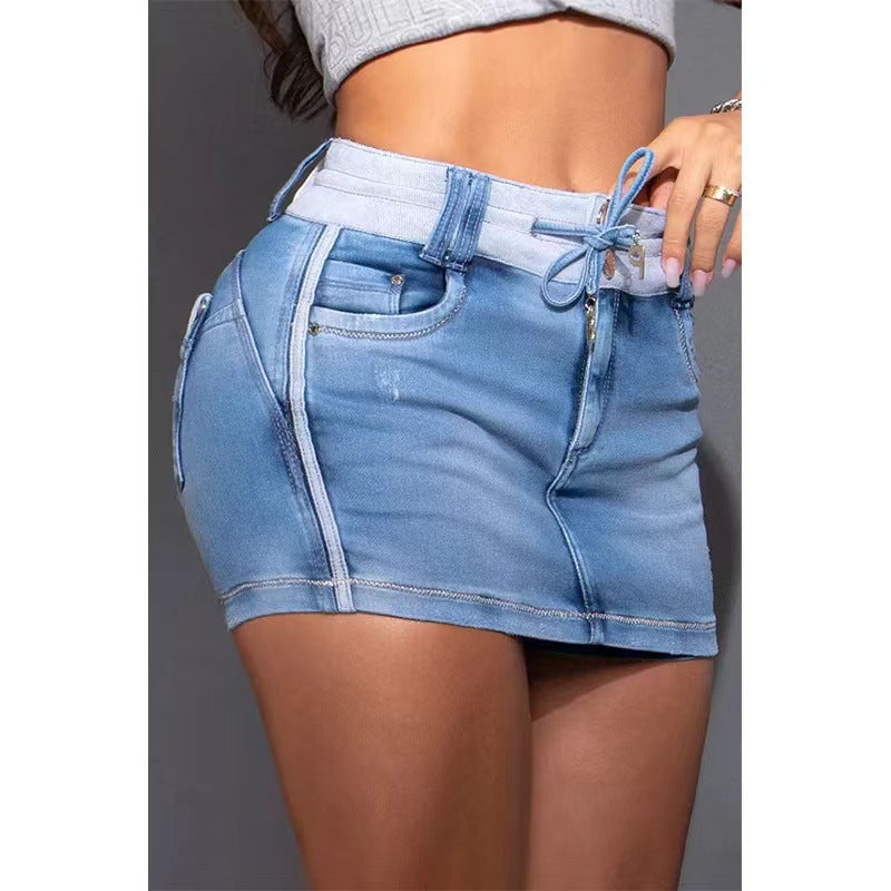 Antmvs -  Chicme Contrast Binding Ripped Drawstring Denim Skorts