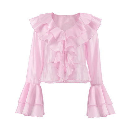 2025 Summer charm pink chiffon sunscreen temperament cascade ruffle edge V-neck horn sleeve short women's shirt