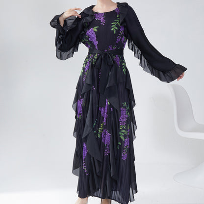 2025 Hot trade Sanzhai autumn dress high-end long-sleeved retro printing loose large size lace-up temperament elegant long dress