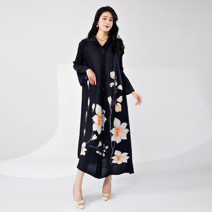 2025 Large size dress summer women's high-end pleated texture lapel loose age-reducing middle-aged mother outfit elegant skirt