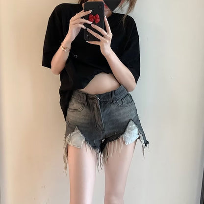 Black Gray High Waist Ripped Denim Shorts Women's Summer New Loose Slimming A- line Small Hot Girl Hot Shorts