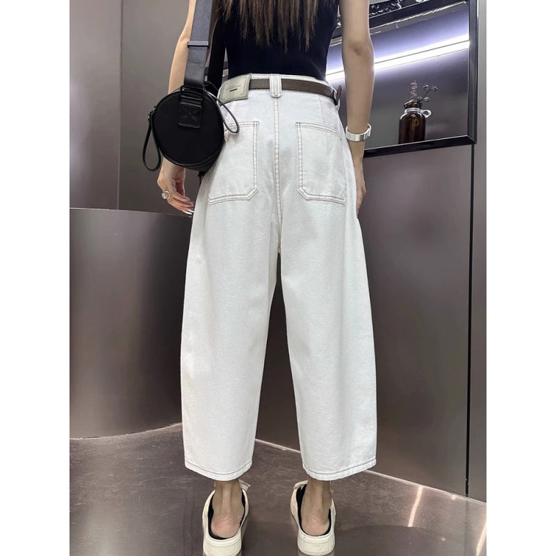 Antmvs Summer New plus Size Women's Clothing Thin White Straight Banana Wide Leg Jeans High Waist Loose and Slimming Daddy Pants