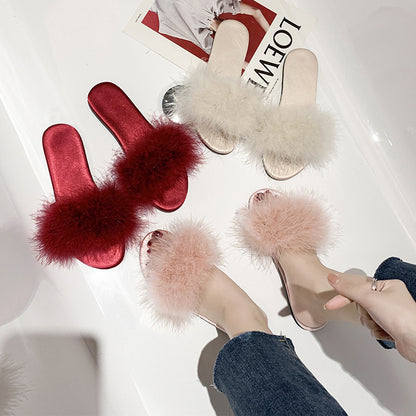 ANTMVS Korean Style Summer New Flat Fluffy Slippers Women's Outer Wear Fashion Trending Low Heel Slippers Feather Flip-Flops