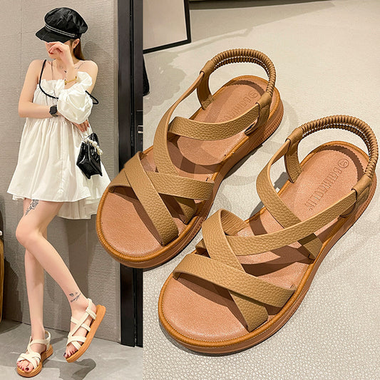 ANTMVS Women's Foreign Trade Sandals  Summer New Roman Fashion Cross Elastic Band Flat Soft Bottom Women's Sandals