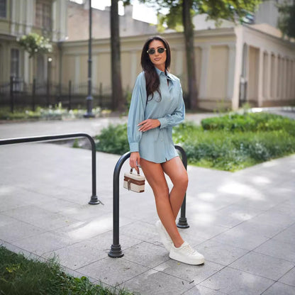 Popular trade  women's clothing   popular autumn and winter solid color washed denim long-sleeved simple shirt