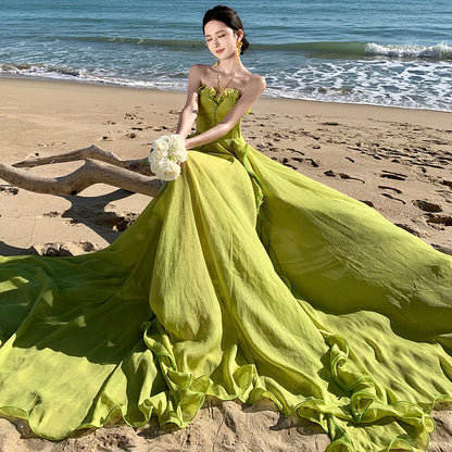2025 Atmosphere seaside vacation dress niche elf wizard of oz super fairy big pendulum tube top backless trailing dress long dress