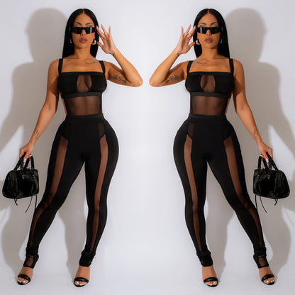 ANTMVSC6332   2025 fashion women's clothing solid color mesh sleeveless trousers suspender jumpsuit