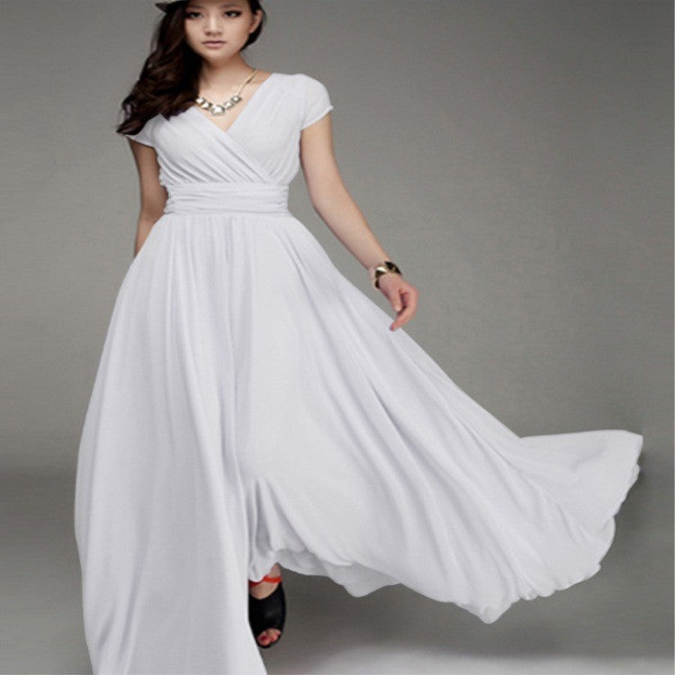 ANTMVS  EBay    Cross Border V-neck Short Sleeve Bohemian Chiffon Waist Dress Evening Dress