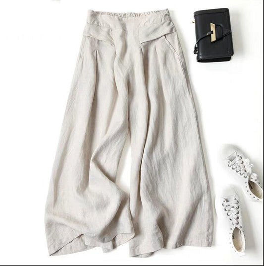 Antmvs Loose Drooping Artistic Cotton and Linen Wide-Leg Skort  Summer Women's Half Elastic High Waist Thin Slimming Cropped Pants