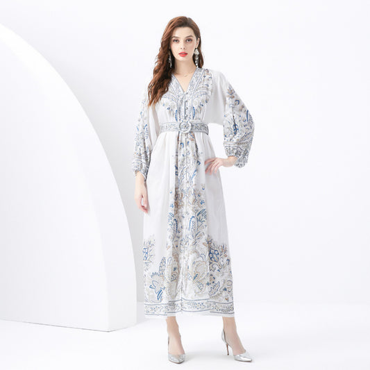 retro court style printed lantern sleeves long dress dress women's lace-up waist thin big swing dress