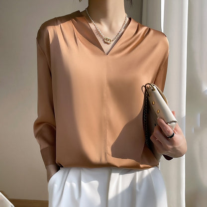 ANTMVS High-Grade  Silk Satin Shirt Women's Summer V-neck Fashionable Elegant Top Business Wear Mulberry Silk Shirt