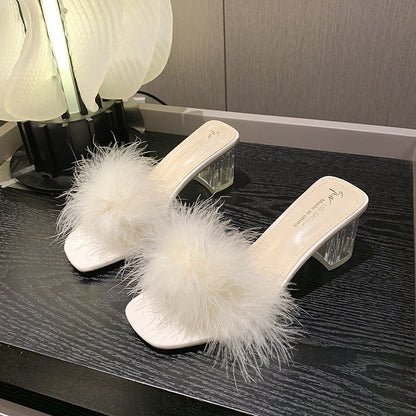 ANTMVS  Slippers  New Summer Korean Style High Heels Chunky Heel Slippers Fluffy Shoes Bride and Bridesmaid Morning Gowns Matching Shoes